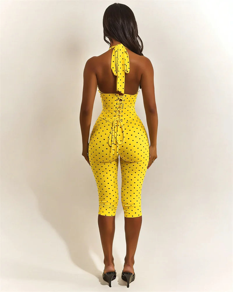Doyerl Polka Dot One Piece Jumpsuits for Woman Club Outfits Halter V-neck Backless Lace-up Bandage Corset Bodycon Romper Mono