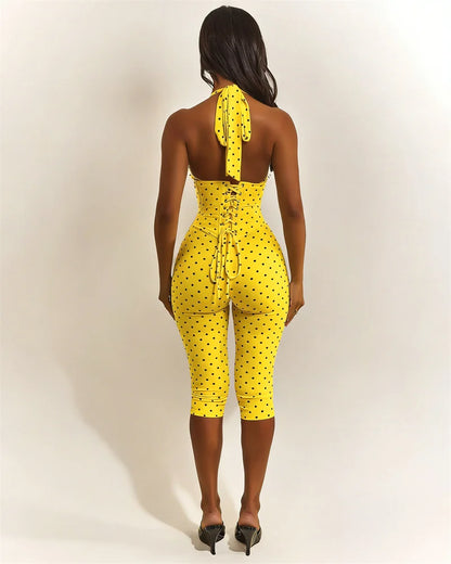 Doyerl Polka Dot One Piece Jumpsuits for Woman Club Outfits Halter V-neck Backless Lace-up Bandage Corset Bodycon Romper Mono