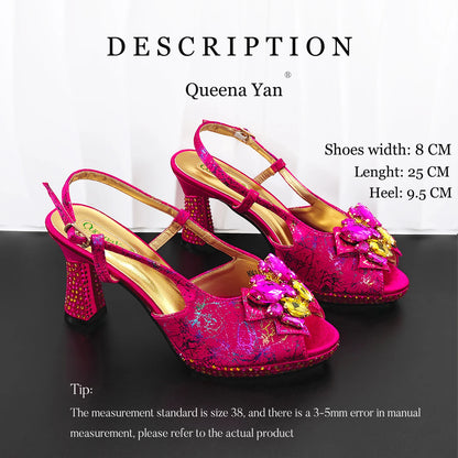 Print Design Mature Style Fuchsia Color Essential for Banquets, Exquisite HandBag with Sexy High-Heeled Peep Toe Lady Shoes