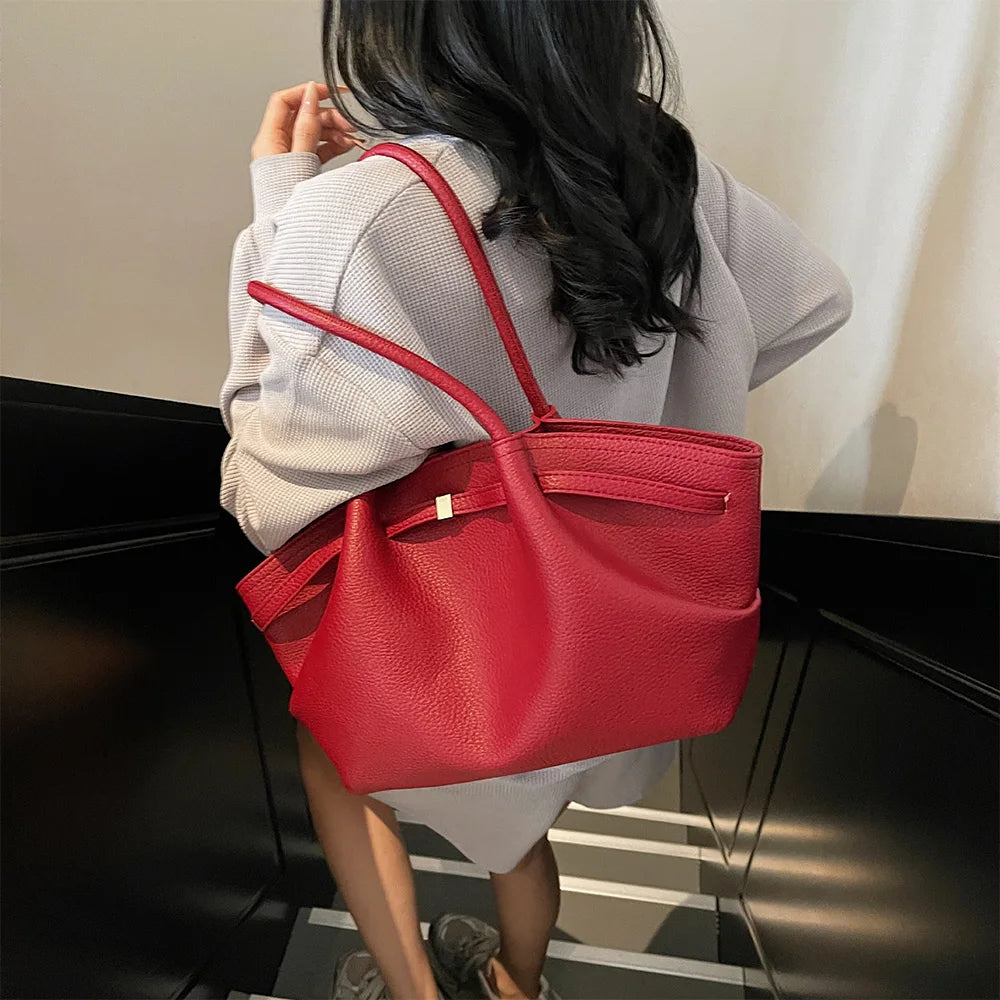 Luxury Lychee Pattern Underarm Shoulder Bags Solid Color PU Leather Women's Handbags Large Capacity Tote Bag Travel