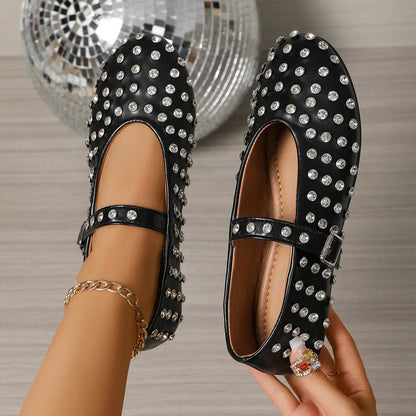 Women's Flat Dress Shoes Bottom Mary Jane Water Diamond Casual Dancing Shoes Genuine Leather Single Shoes Luxury Ballet Flats