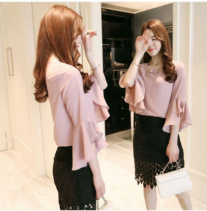 Seven-point Female Ruffled Sleeved Loose Shirt Chiffon Blouses