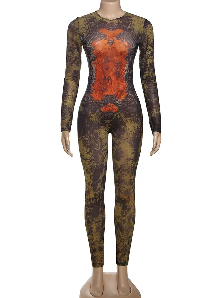 Weird Puss Sexy Fitness Jumpsuit Women Tie-Dye Print O-Neck Full Sleeve Skinny Streetwear Autumn Zip Slim Stretch Tight Overalls