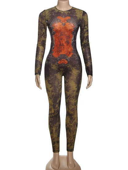 Weird Puss Sexy Fitness Jumpsuit Women Tie-Dye Print O-Neck Full Sleeve Skinny Streetwear Autumn Zip Slim Stretch Tight Overalls