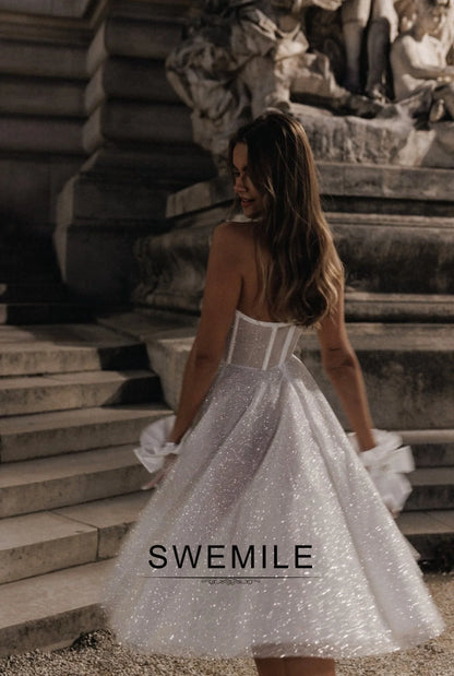 SWEMILE Glitter Short Wedding Dress A Line Sweetheart Neck Shiny Bride Dresses Mini Sweetheart Neck Vestido de novia Customized