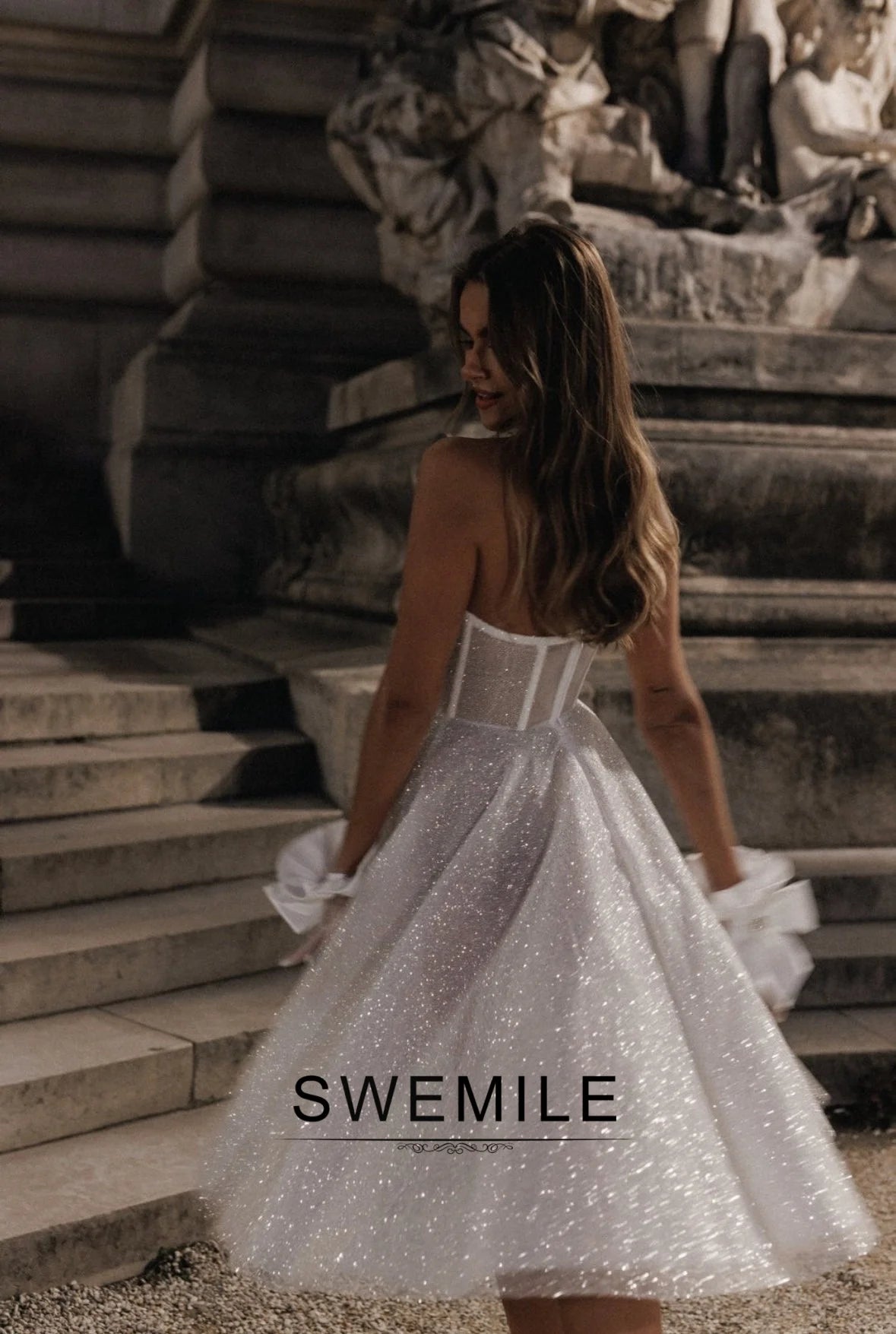 SWEMILE Glitter Short Wedding Dress A Line Sweetheart Neck Shiny Bride Dresses Mini Sweetheart Neck Vestido de novia Customized