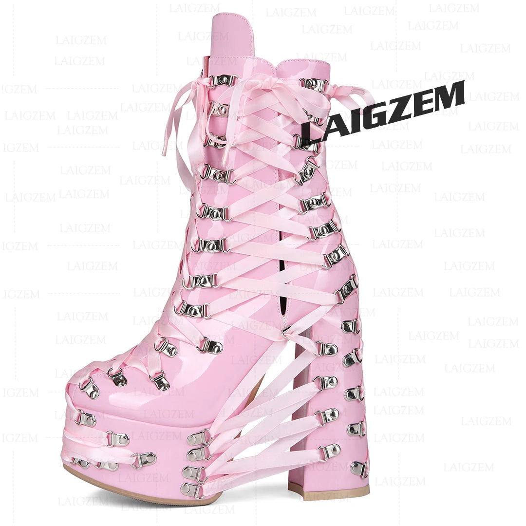 LAIGZEM Women Ankle Boots Side Zip Up Lace Up Thick High Heels Boots Cosplay Gothic Ladies Shoes Woman Large Size 38 41 43 47 52