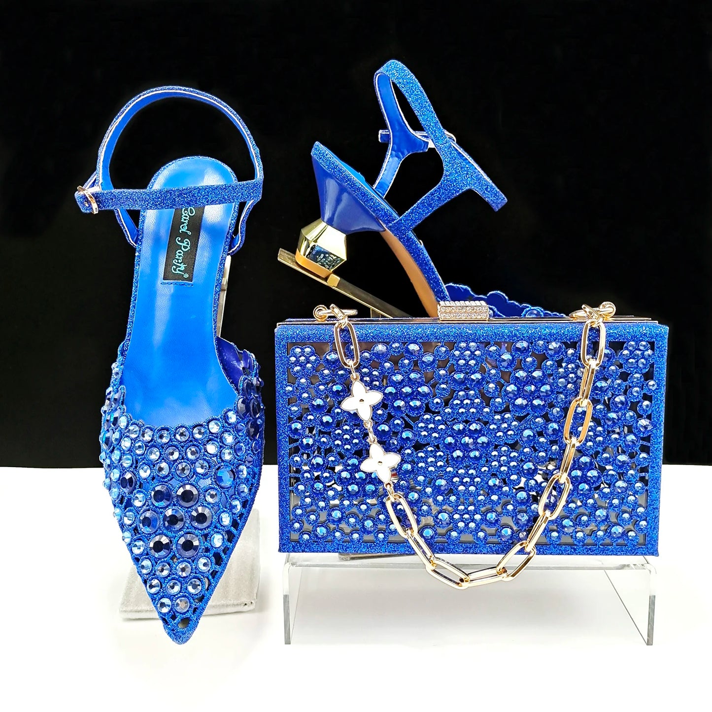 Party Style African Women's Shoes Bags Rhinestone Embellished Pointed Toe Cutout Heels Square Clutch Bag
