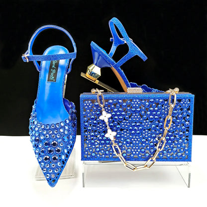 Party Style African Women's Shoes Bags Rhinestone Embellished Pointed Toe Cutout Heels Square Clutch Bag