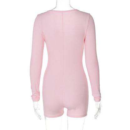 Hugcitar Spring Ribbed Solid Square Collar Long Sleeve Buttons Sexy Bodycon Skinny Playsuit Women Casual Romper Streetwear Sport