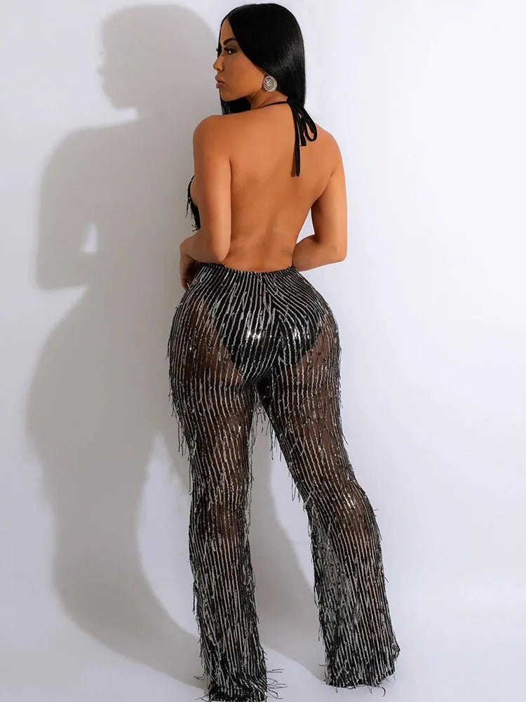 Sexy Glitter Tassel Sequin Rompers Womens Jumpsuit Nightclub Party Halter Backless Overalls Mesh Sheer Patchwork Wide Leg Romper