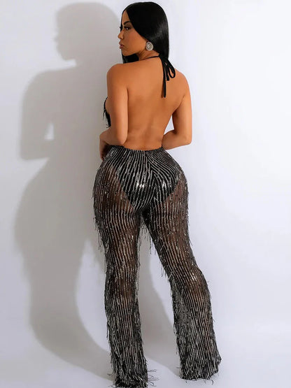 Sexy Glitter Tassel Sequin Rompers Womens Jumpsuit Nightclub Party Halter Backless Overalls Mesh Sheer Patchwork Wide Leg Romper