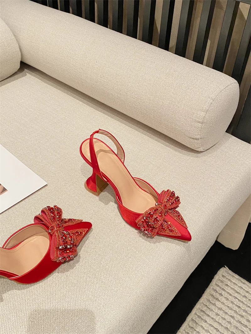 Liyke Fashion Sequined Crystal Bowknot Women Pumps Sexy Pointed Toe Red High Heels Wedding Banquet Shoes Ladies Slingback Sandal