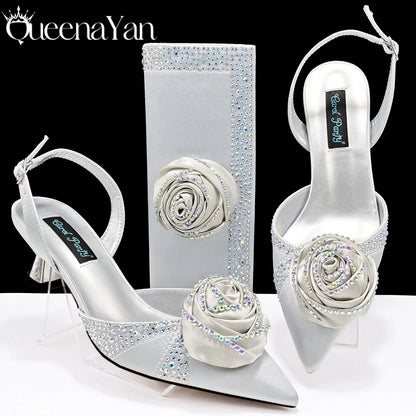 New Party Shoes And Bag Set Nigeria Handmade Flowers Decoration Lady Fashion Shoes and Bag Set for Wedding
