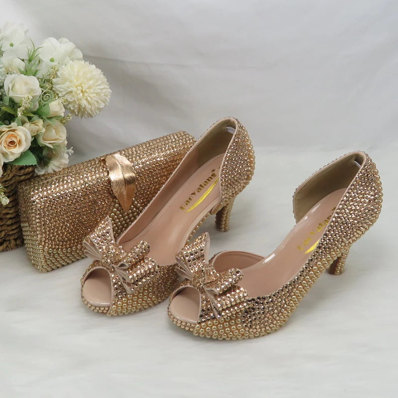 Champagne Golden Pearl Bridal Wedding shoes with matching bags woman Open Toe party dress shoes Platform shoes and bag