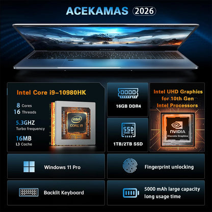 15.6' Intel Core I9 10980HK Laptop Computer Windows 11 Pro 16GB RAM 1TB SSD M.2 Notebook PC Gamer Portable Laptops Gaming Office