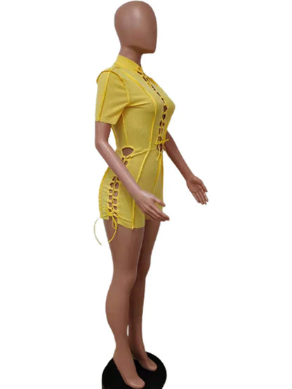 Wholesale Streetwear Jumpsuit Women 2023 One-pieces Outfits Rompers Summer Green Short Sleeve Bodycon Casual Bandage Playsuits