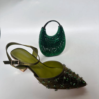 Insightlink Luxury Olive Green Rhinestone High Heel Shoes & Matching Clutch Bag Set – Elegant Pointed Toe Block Heel Sandals
