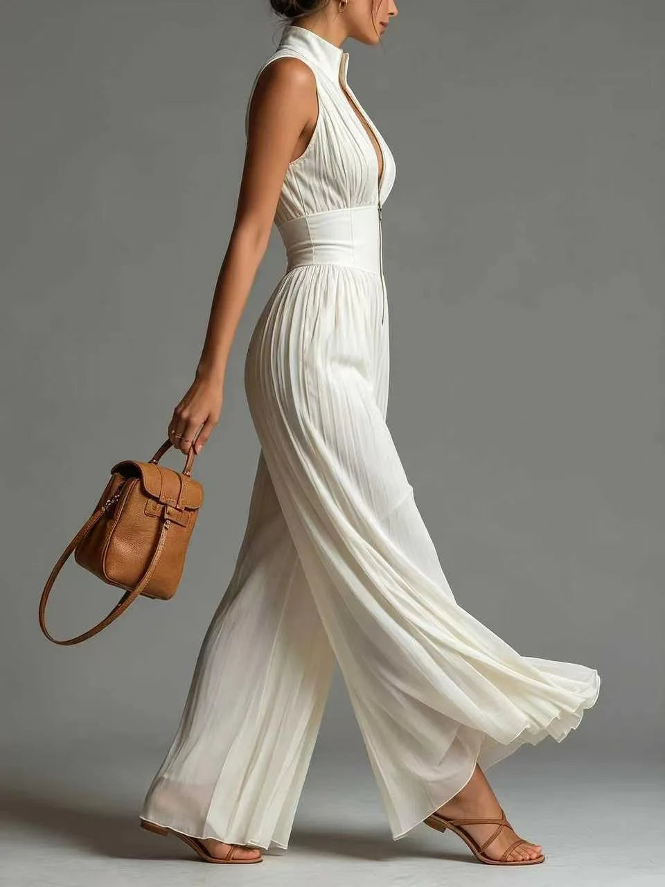 Sleeveless Pleated Wide Leg Jumpsuit Stand Collar Front Zipper Deep V Flowy Chiffon Pant Romper Women Elegant Formal Outfit