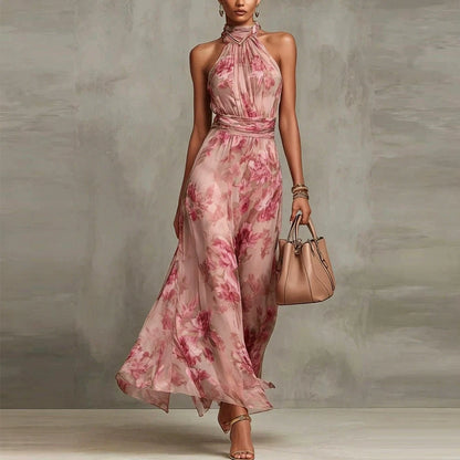 SINGREINY Elegant Green Floral Halter Chiffon Maxi Dresses Trendy Sleeveless A-line 2026 Women Floral Wedding Guest Party Dress