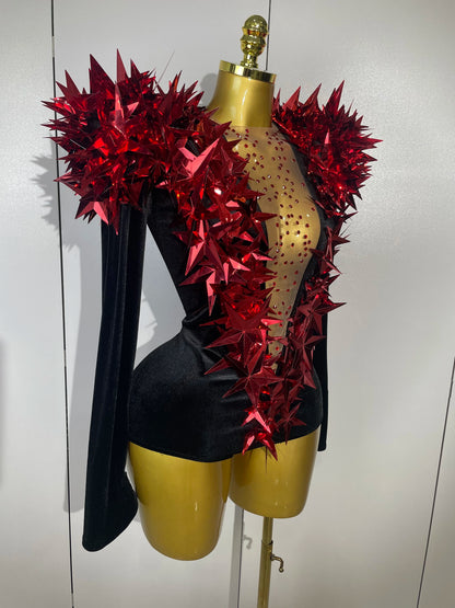 2025 New Shiny Black Rhinestone Velvet Long Sleeve Bodysuit Women Evening Party Club Gala Hosts NightClub Bar Stage Costumes