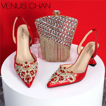 Exquisite 2024 Elegant Woman High Heels Peep Toe Shandals with Rhinestone Italian Design Shoes and Bags Set for Party
