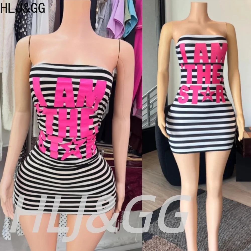 HLJ&GG Trend Sexy Stripes Letter Print Bodycon Mini Tube Dresses Women Off Shoulder Backless Slim Vestidos Fashion Streetwear