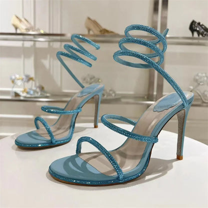 Summer Crystal Gladiator Sandals Women Rhinestone Twine Around Ankle Snake Wedding Shoes High Heels Sandals Woman