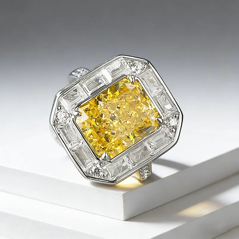 Luxury 18K white Solid Platinum PT950 rectangular yellow diamond ice flower cut 8*10mm moissanite versatile ring for women