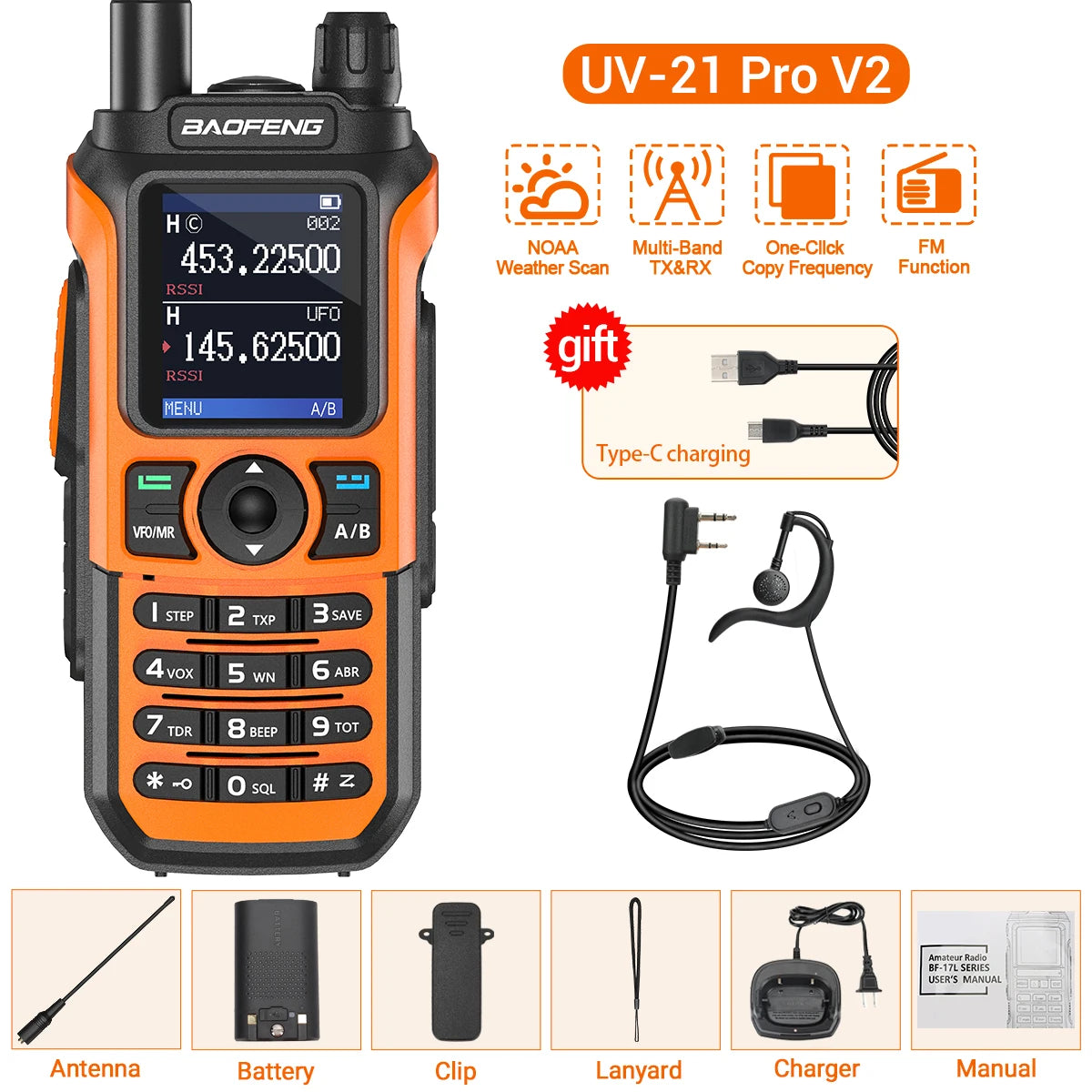 Baofeng UV-21 PRO Walkie Talkie Wireless Copy Frequency 16 KM Long Range TYPE-C V2 Two Way Radio Ham CB Radio UV-5R UV-17
