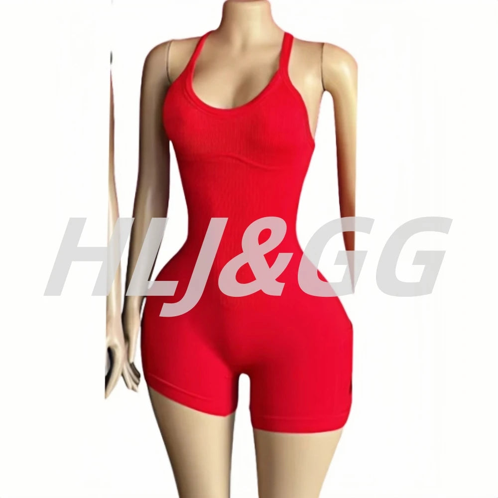 HLJ&GG Women Bodysuits Stretch Sporty One Piece Rompers Women Sleeveless Backless Slim Jumpsuits Summer New Solid Yoga Overalls