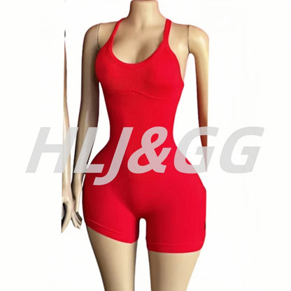 HLJ&GG Women Bodysuits Stretch Sporty One Piece Rompers Women Sleeveless Backless Slim Jumpsuits Summer New Solid Yoga Overalls