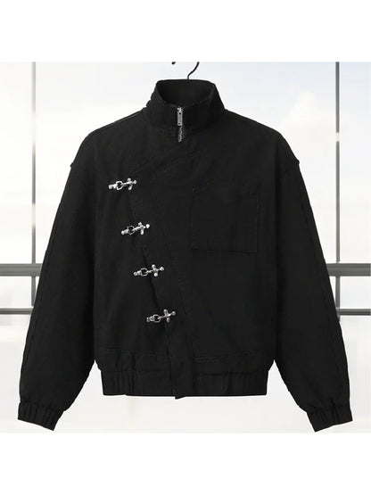 Women' S Vintage High Neck Jacket Metal Buckle Zipper Loose Coat Full Sleeve Outwears 2025 New Lady Fall Winter Streetwears