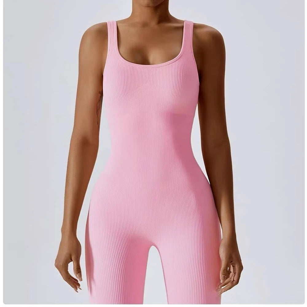 Womens Jumpsuits Sleeveless Yoga Slim Fit Stretch Thin Screw Thread One Piece Romper Sexy Fitness Female Sportwears Chest Pads