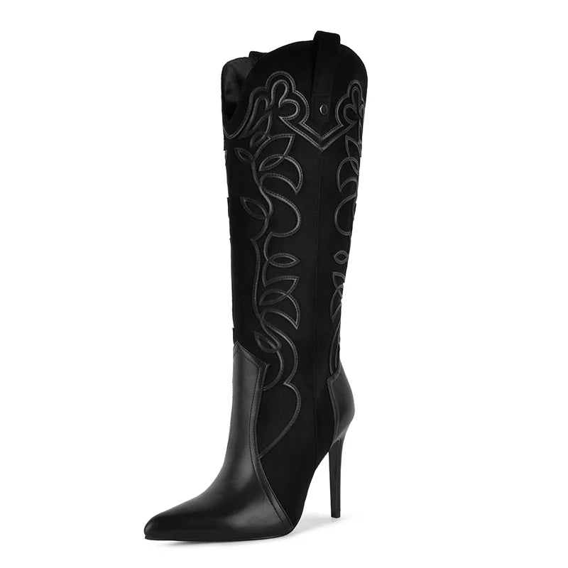 Onlymaker Women Pointed Toe Embroidered  Blue Denim Stiletto Heel Knee High Boots Side Zipper Plus Size Fashion Boots