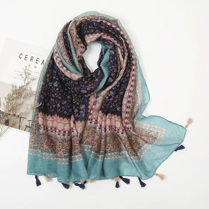 2025 Japanese Boho Linen Scarf: Vintage Floral Print Patchwork Shawl - Sun Protection Fringe Wrap Women