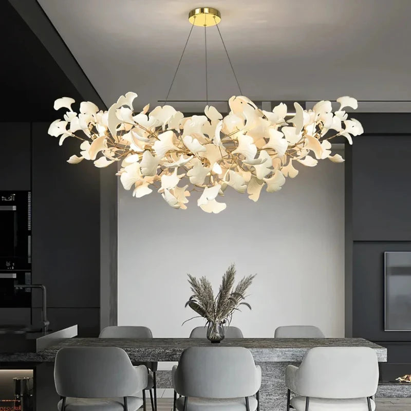 Modern Ceramics White Long Ginkgo Leaf LED Pendant Light Decoration Villa Living Room Ceiling Chandelier Indoor Hanging Lights