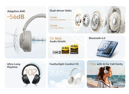QCY H3S Over Ear Headphone Hi-Res LDAC Spatial Sound Headset H3S -56dB Adaptive ANC Wireless Earphone Bluetooth 6.0 102Hrs