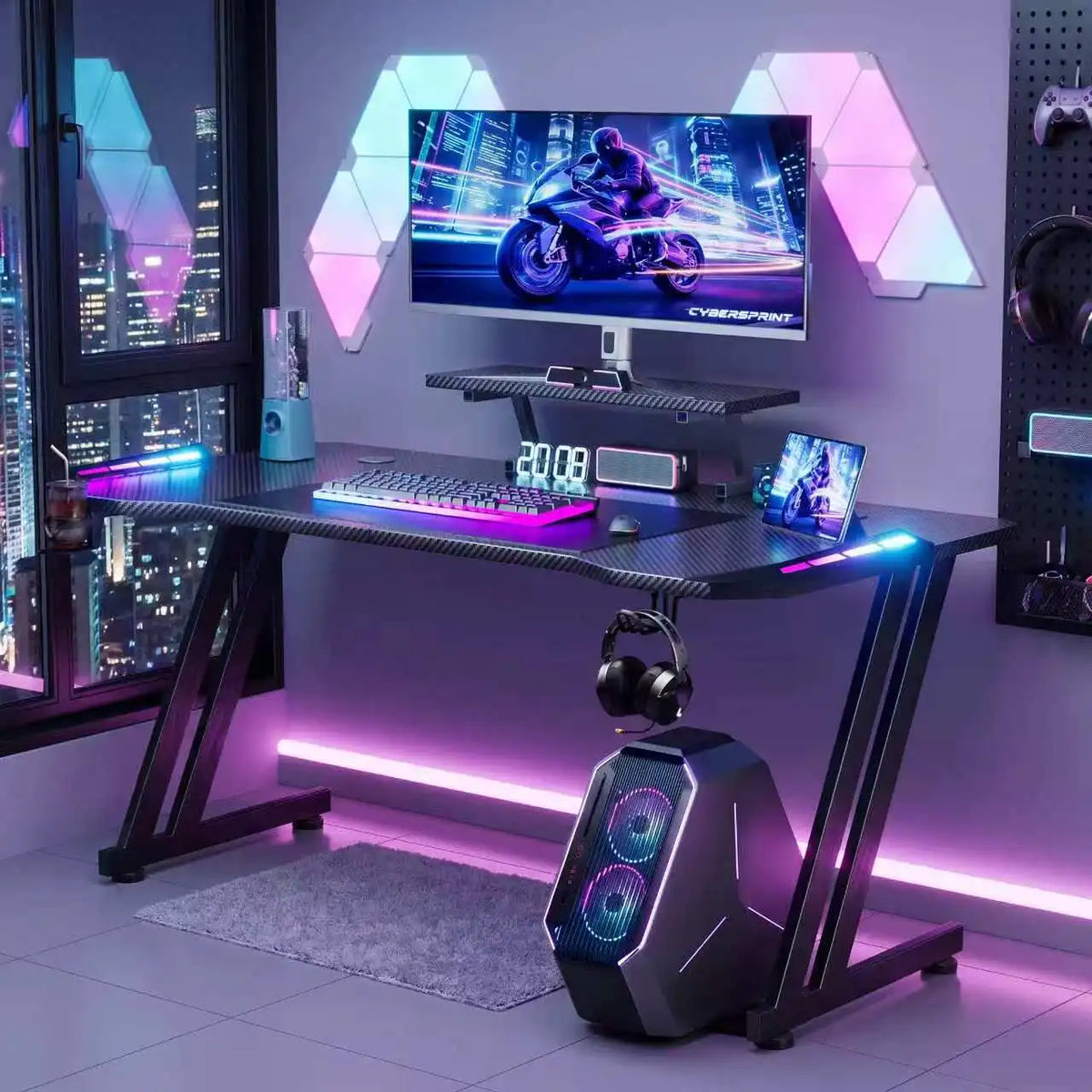 FRODROVIA Gaming Desk with APP RGB LED Lights, Carbon Fiber Surface Gaming Computer Desk with Removable Monitor Riser, Cup Holder & Headphone Hook, Screw‑Type Adjustable Leveling Feet for Gaming Room Home Office