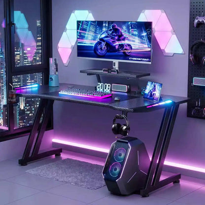 FRODROVIA Gaming Desk with APP RGB LED Lights, Carbon Fiber Surface Gaming Computer Desk with Removable Monitor Riser, Cup Holder & Headphone Hook, Screw‑Type Adjustable Leveling Feet for Gaming Room Home Office
