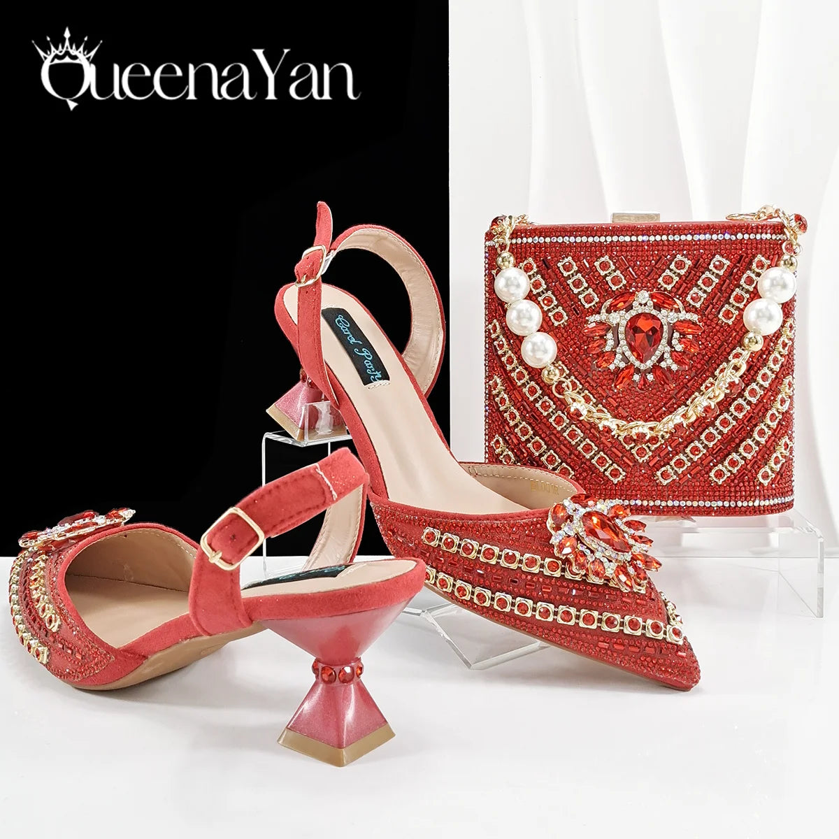 Queena Yan 2025 Italian Style Pointed Toe Rhinestone High Heels and Gold Wedge Bag Set - Elegant Ladies Party Women Shoes Heel