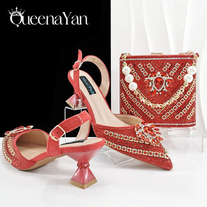 Queena Yan 2025 Italian Style Pointed Toe Rhinestone High Heels and Gold Wedge Bag Set - Elegant Ladies Party Women Shoes Heel