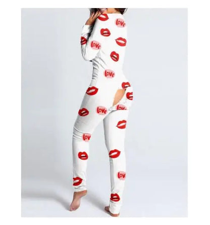 Sexy Pyjama Women's Long Sleeves Homewear Suit Button-Down Front Back Butt Bum Open Ass Flap Jumpsuit Loungewear Christmas Print