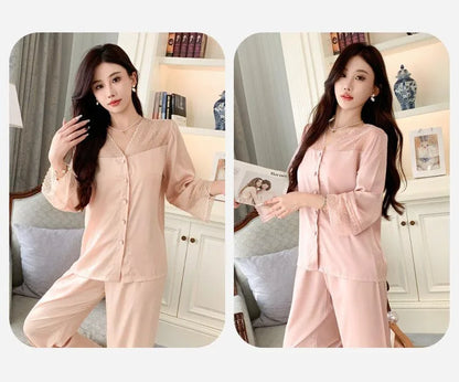 Women's Ice Silk Long-Sleeve Shirt and Full-Length Bottom Pajama Set Soft Warm Loungewear