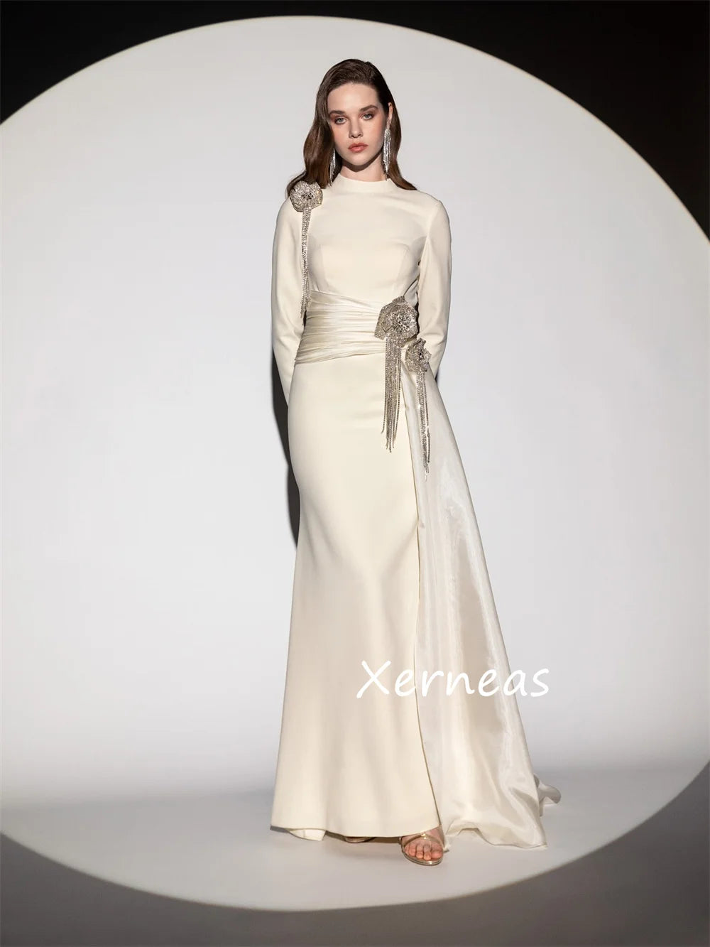 Customized Modern Style Jersey Pleat Flower Sequined Trumpet High Collar Long Dresses Bespoke Occasion Party Sizes Available