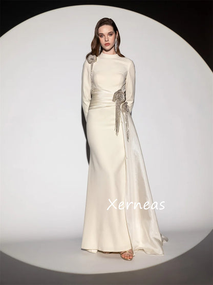 Customized Modern Style Jersey Pleat Flower Sequined Trumpet High Collar Long Dresses Bespoke Occasion Party Sizes Available