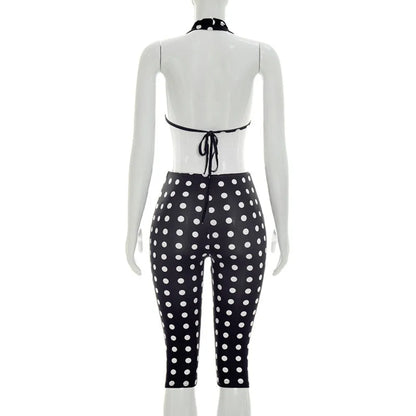 FLARORA Sexy Polka Dot Print Jumpsuits Woman Hipster Halter Sleeveless Backless Hollow Skinny Jumpsuit Hottie Party Streetwear