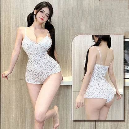 Summer Onesies Women Sexy Floral Print Bodysuit Lace Trim Sleeveless Slim Fit Jumpsuit Romper Underwear Nightwear Lingerie