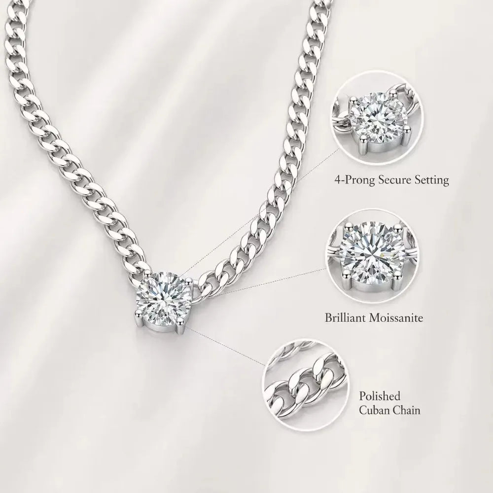 S925 Silver Round Moissanite Necklace 40+5cm Cuban Chain Pendant With Selected GRA Option Anniversary Gift Jewelry