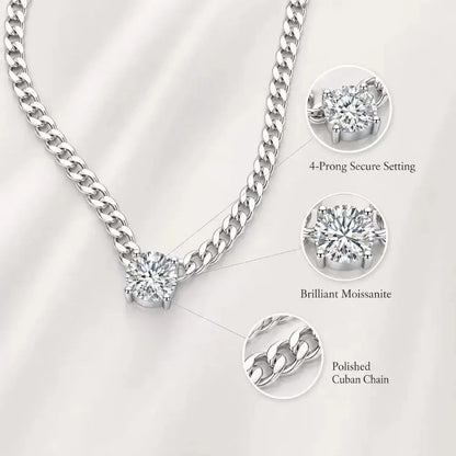 S925 Silver Round Moissanite Necklace 40+5cm Cuban Chain Pendant With Selected GRA Option Anniversary Gift Jewelry